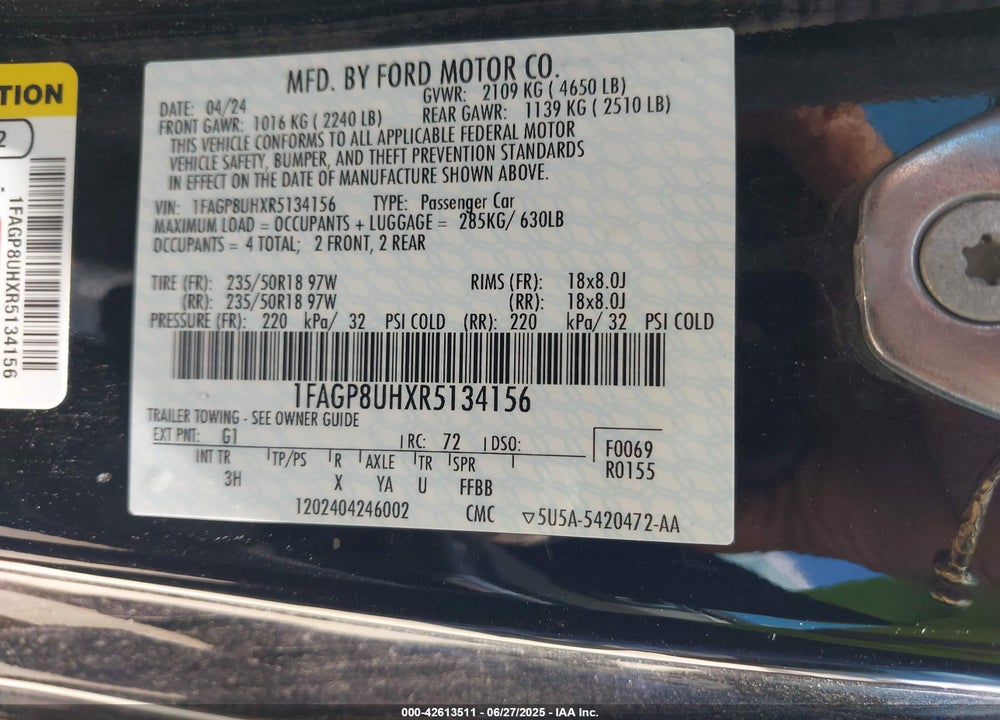 2024 FORD MUSTANG VIN: 1FAGP8UHXR5134156