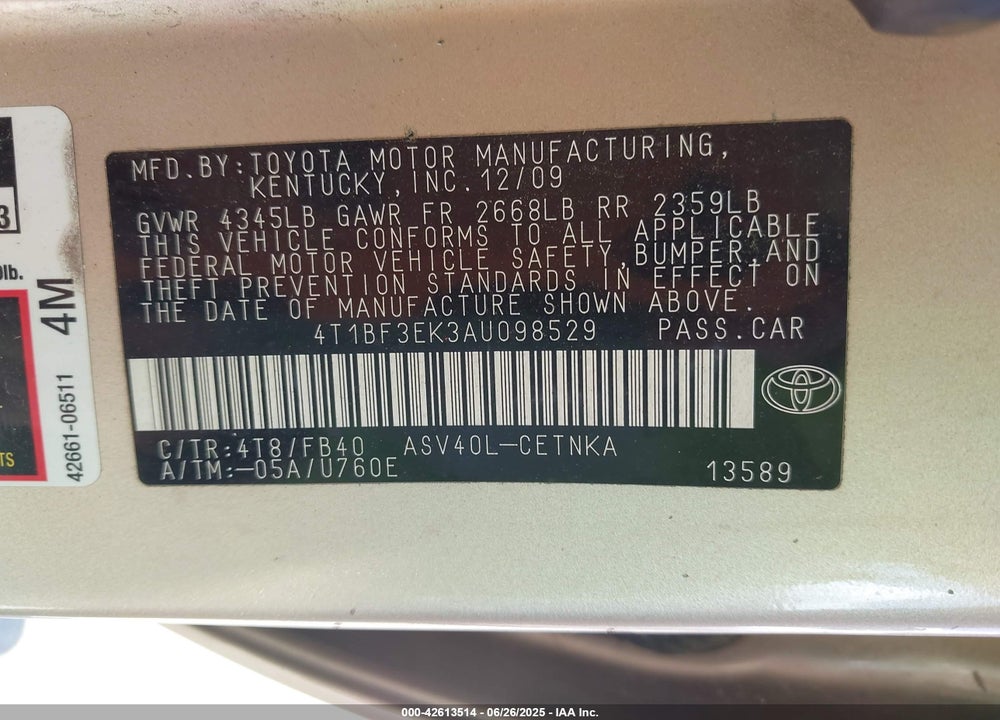 2010 TOYOTA CAMRY VIN: 4T1BF3EK3AU098529