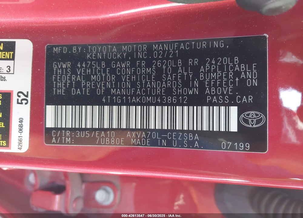 2021 TOYOTA CAMRY VIN: 4T1G11AK0MU438612