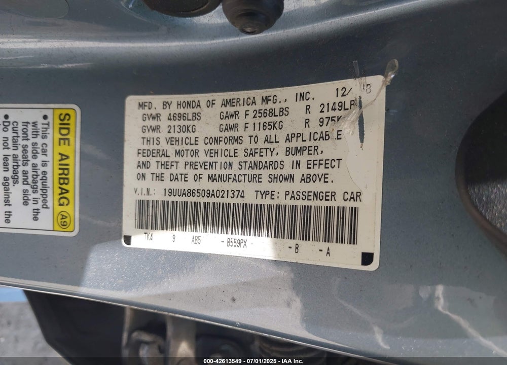 2009 ACURA TL VIN: 19UUA86509A021374