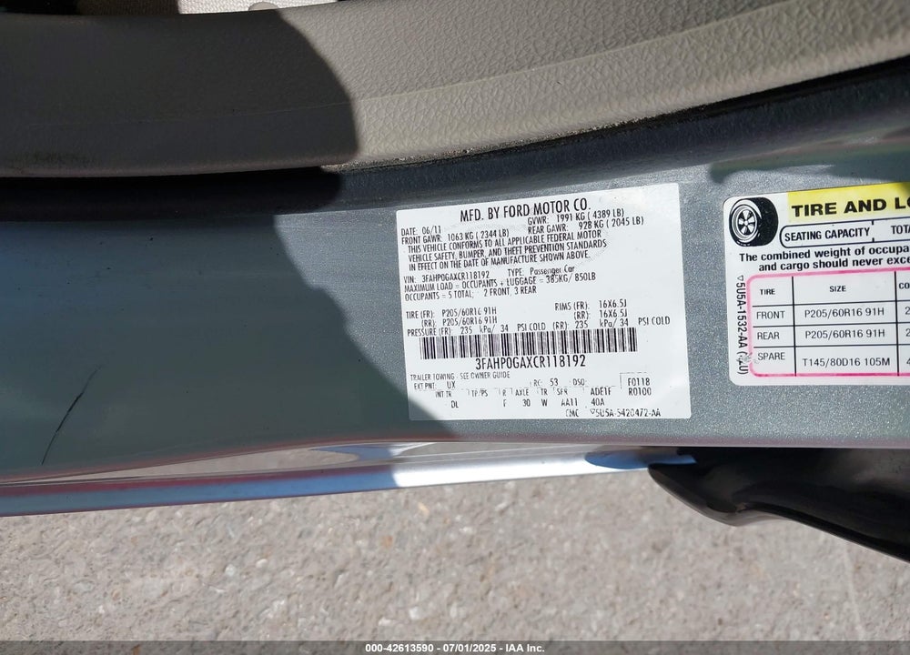 2012 FORD FUSION VIN: 3FAHP0GAXCR118192
