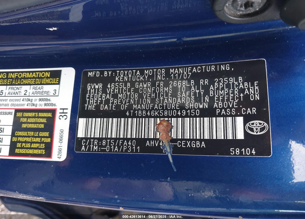 2008 TOYOTA CAMRY VIN: 4T1BB46K58U049150