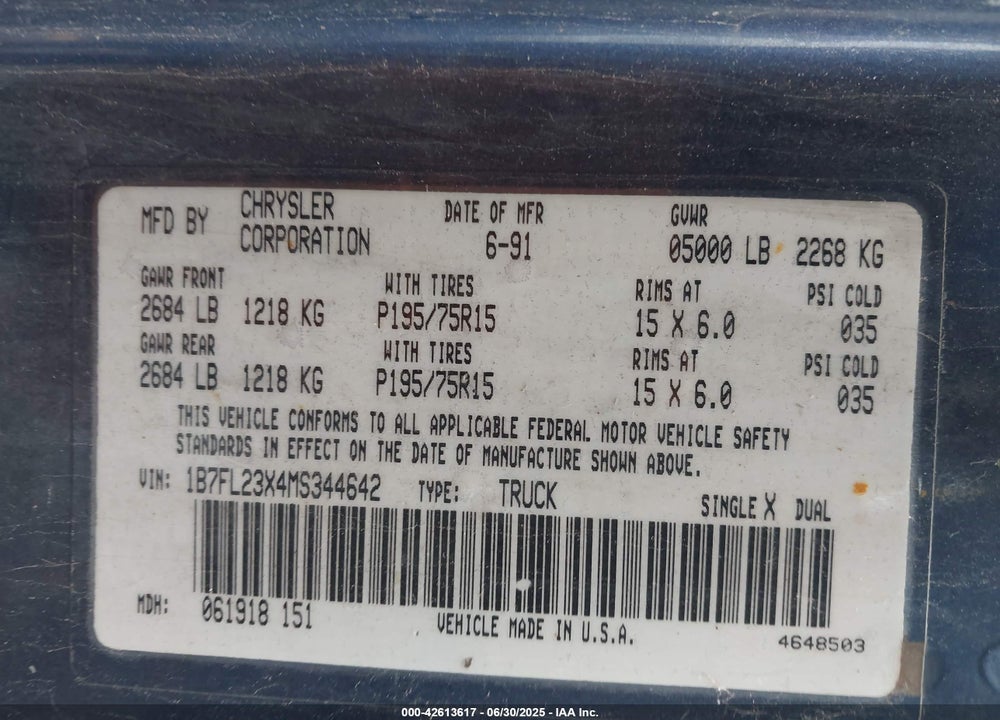 1991 DODGE DAKOTA VIN: 1B7FL23X4MS344642