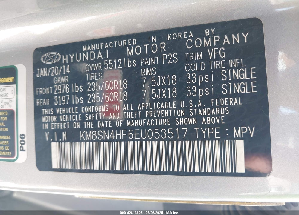 2014 HYUNDAI SANTA FE GLS VIN: KM8SN4HF6EU053517