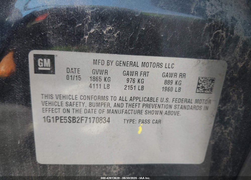 2015 CHEVROLET CRUZE VIN: 1G1PE5SB2F7170834