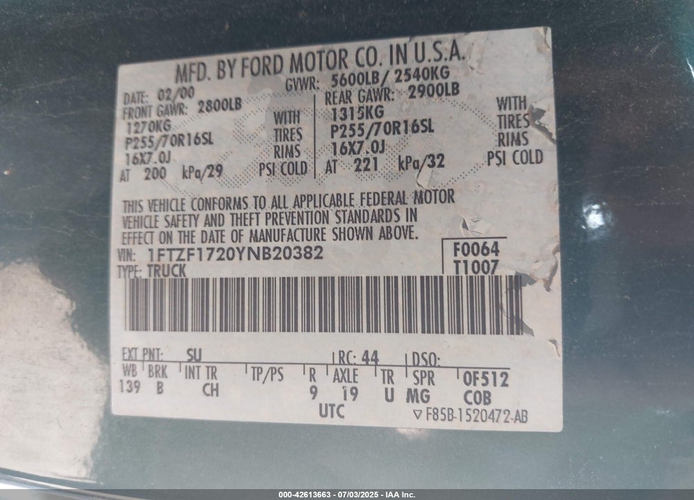 2000 FORD F-150 WORK SERIES/XL/XLT VIN: 1FTZF1720YNB20382