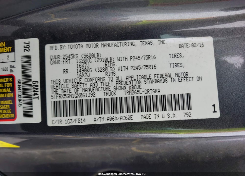 2016 TOYOTA TACOMA VIN: 5TFRX5GN1GX061392