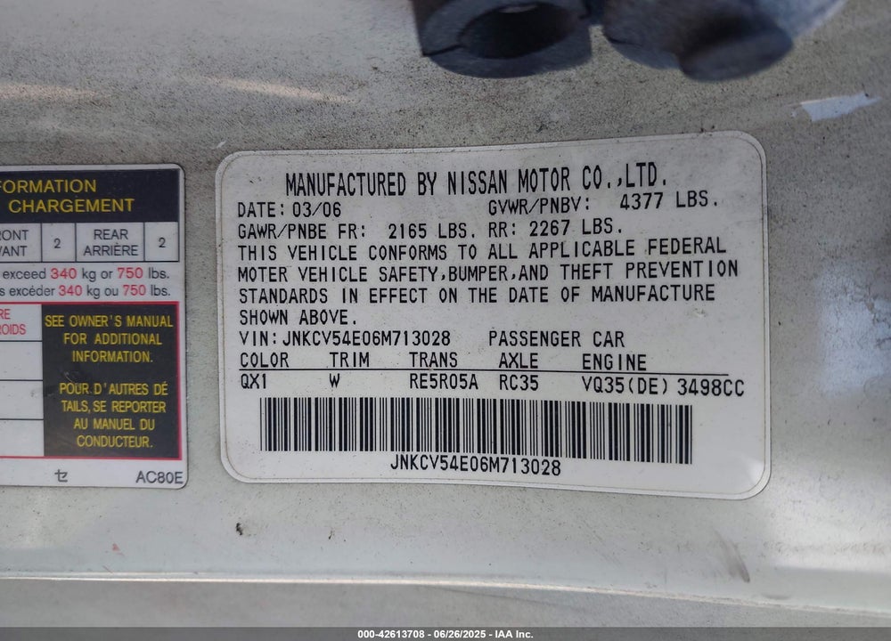 2006 INFINITI G35 VIN: JNKCV54E06M713028
