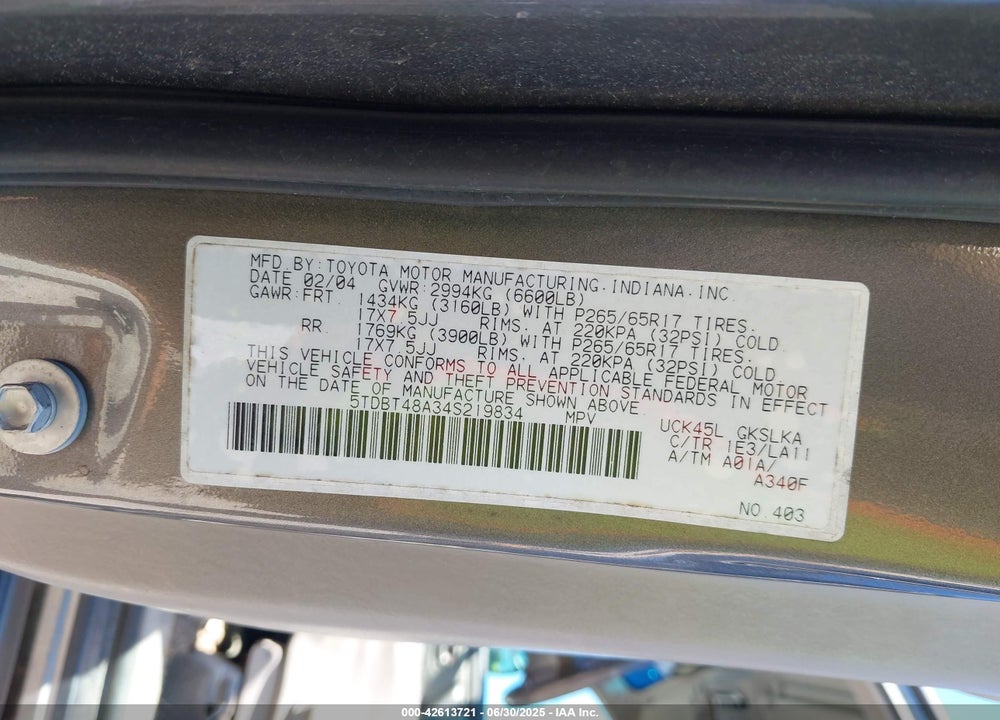 2004 TOYOTA SEQUOIA LIMITED V8 VIN: 5TDBT48A34S219834