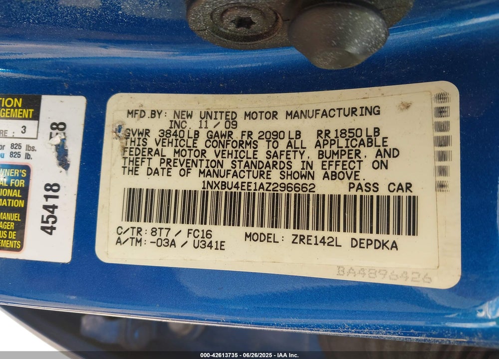 2010 TOYOTA COROLLA VIN: 1NXBU4EE1AZ296662