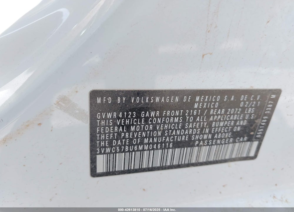 2021 VOLKSWAGEN JETTA VIN: 3VWC57BU6MM046116