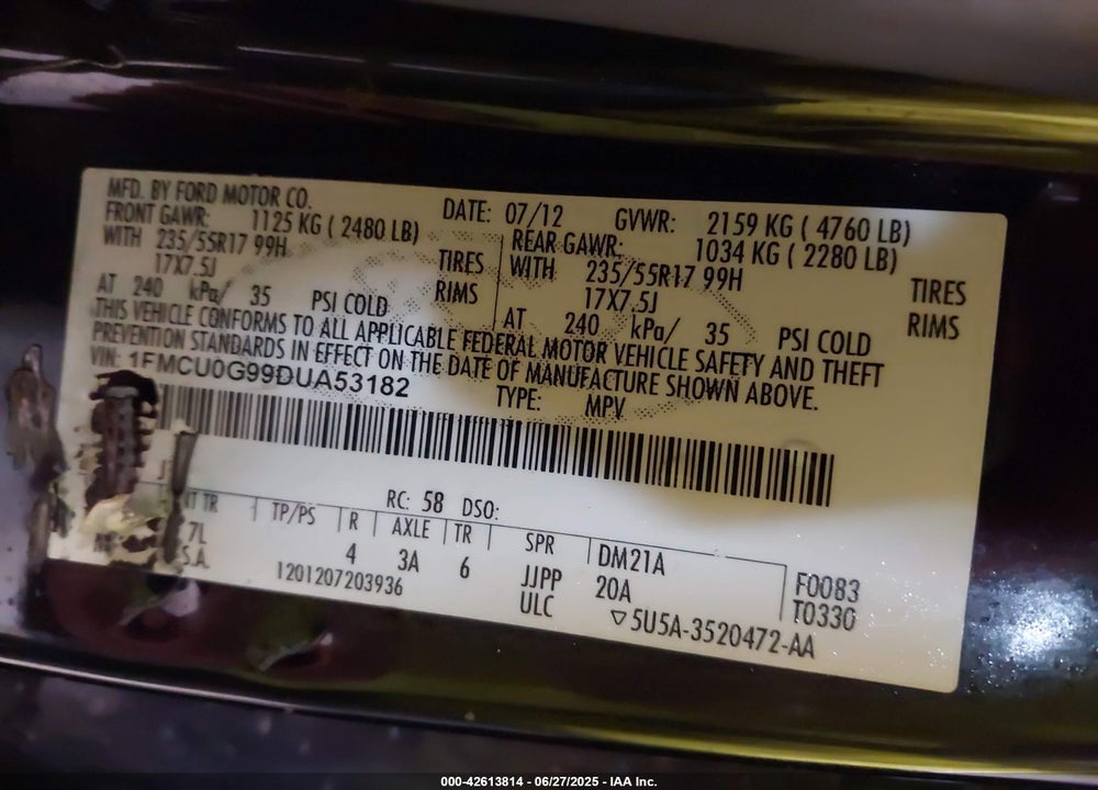 2013 FORD ESCAPE SE VIN: 1FMCU0G99DUA53182