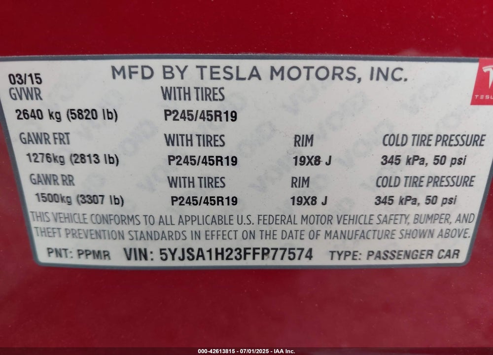 2015 TESLA MODEL S 70D/85D/P85D VIN: 5YJSA1H23FFP77574