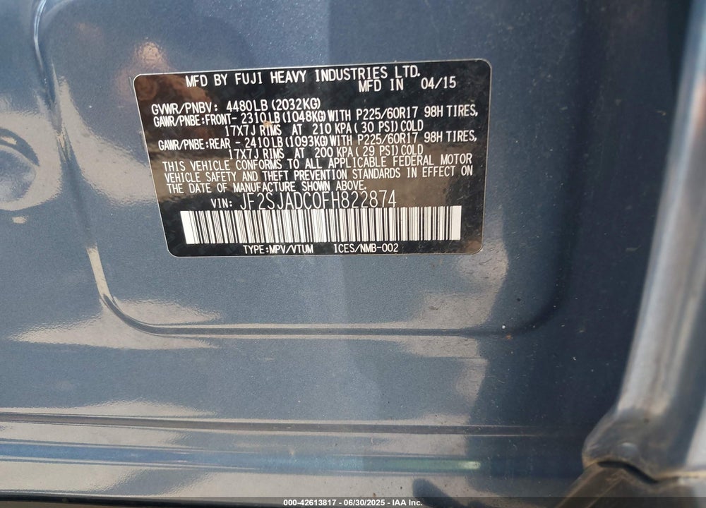2015 SUBARU FORESTER VIN: JF2SJADC0FH822874