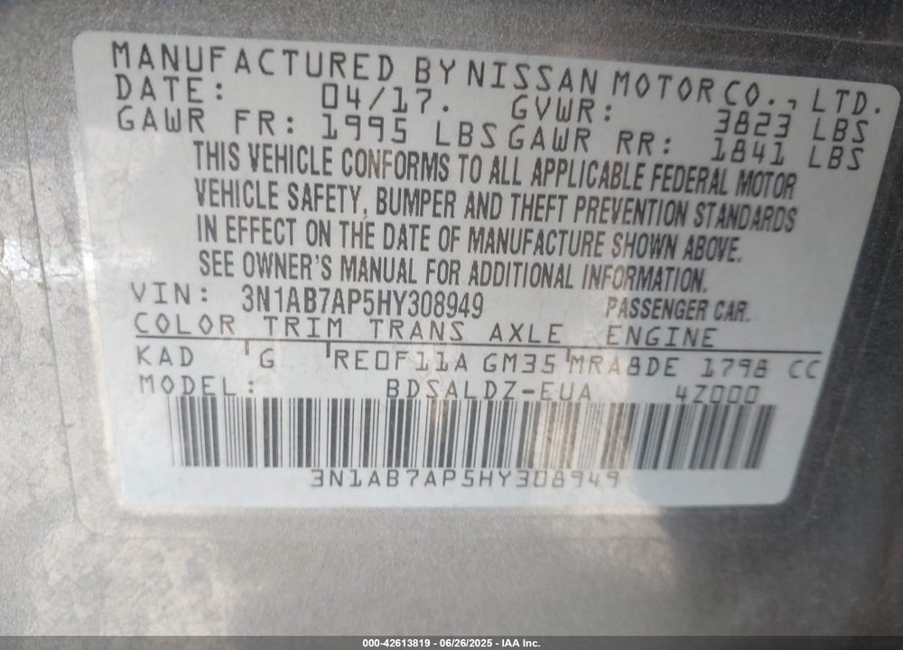 2017 NISSAN SENTRA VIN: 3N1AB7AP5HY308949