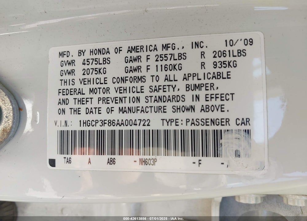 2010 HONDA ACCORD VIN: 1HGCP3F86AA004722
