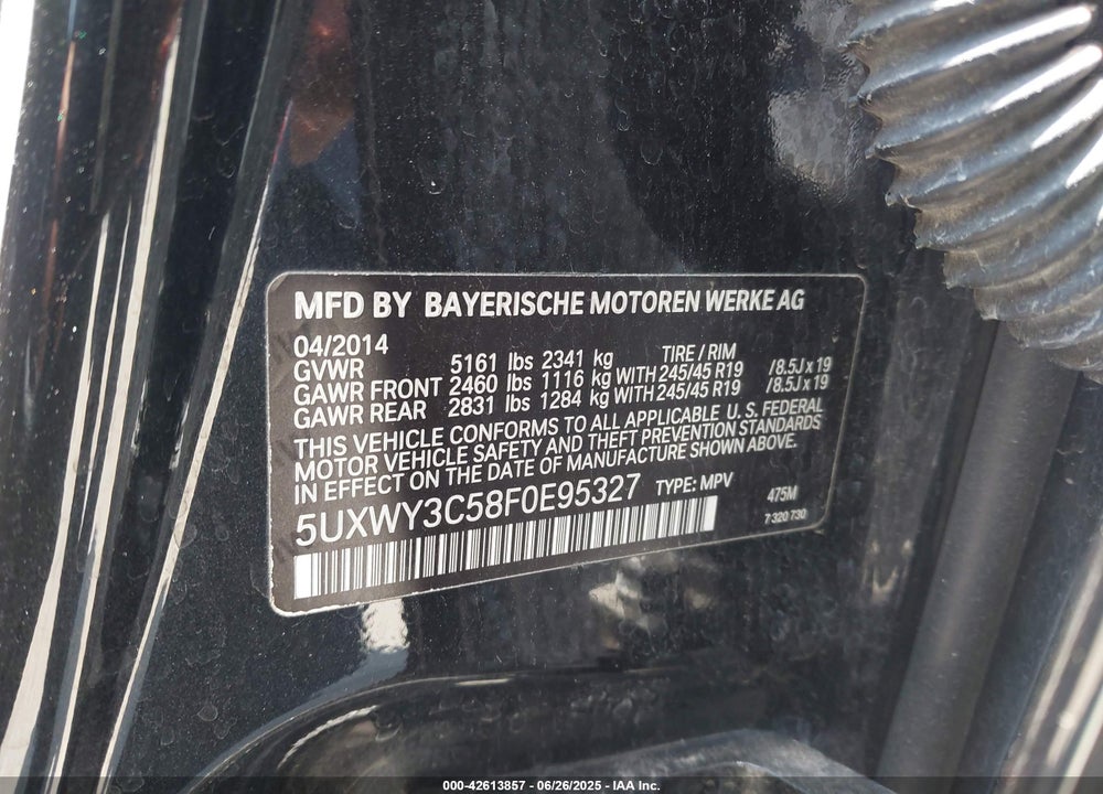 2015 BMW X3 VIN: 5UXWY3C58F0E95327