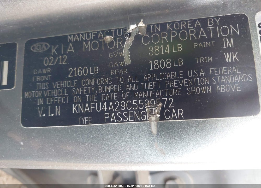 2012 KIA FORTE VIN: KNAFU4A29C5599572