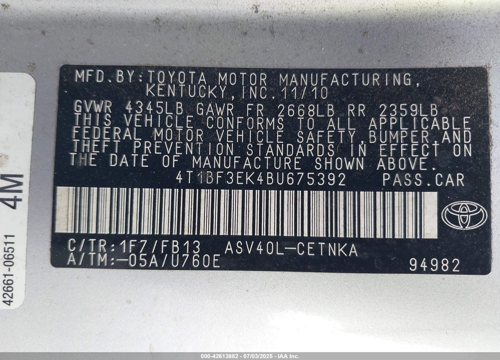2011 TOYOTA CAMRY VIN: 4T1BF3EK4BU675392