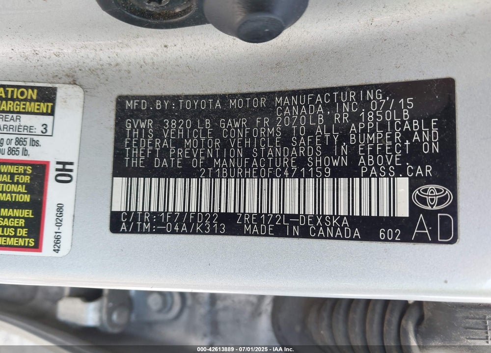 2015 TOYOTA COROLLA VIN: 2T1BURHE0FC471159