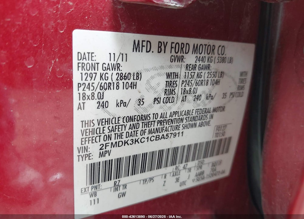 2012 FORD EDGE VIN: 2FMDK3KC1CBA57911
