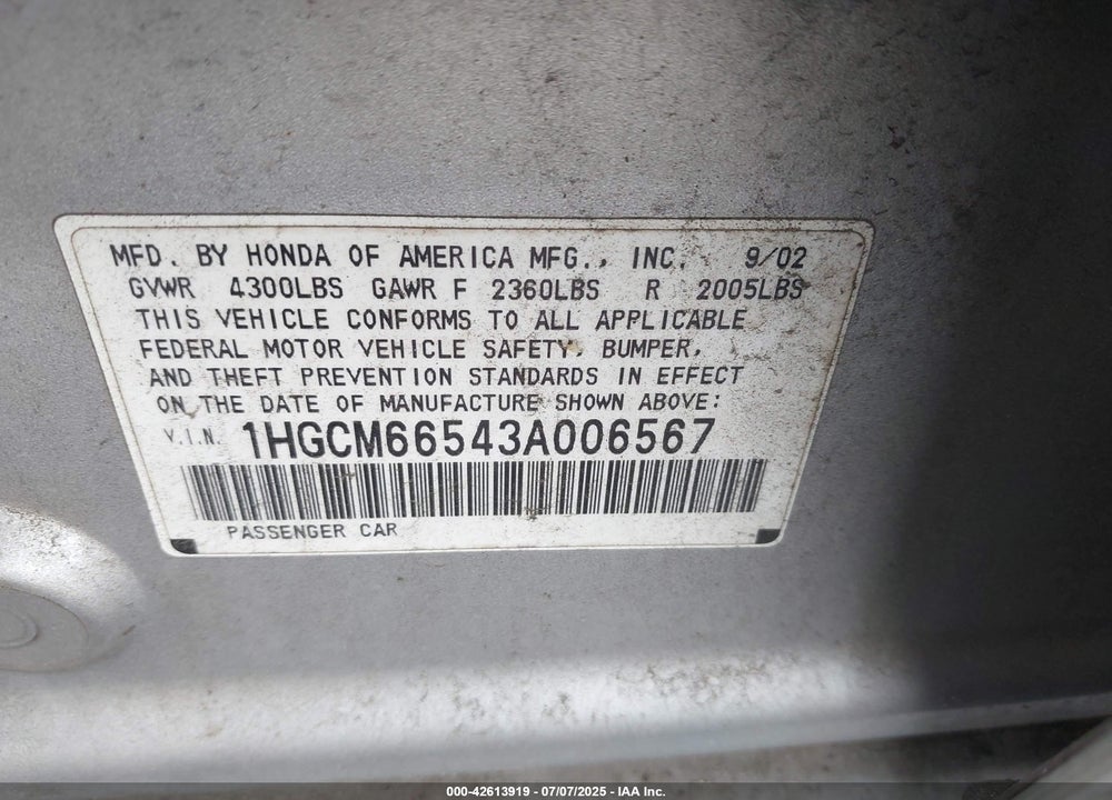 2003 HONDA ACCORD 3.0 EX VIN: 1HGCM66543A006567