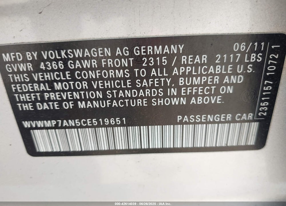 2012 VOLKSWAGEN CC SPORT VIN: WVWMP7AN5CE519651
