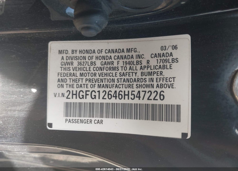 2006 HONDA CIVIC VIN: 2HGFG12646H547226