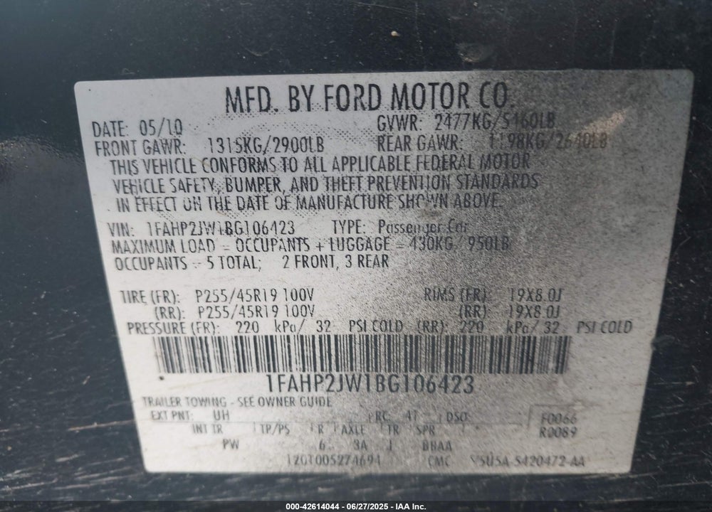 2011 FORD TAURUS VIN: 1FAHP2JW1BG106423