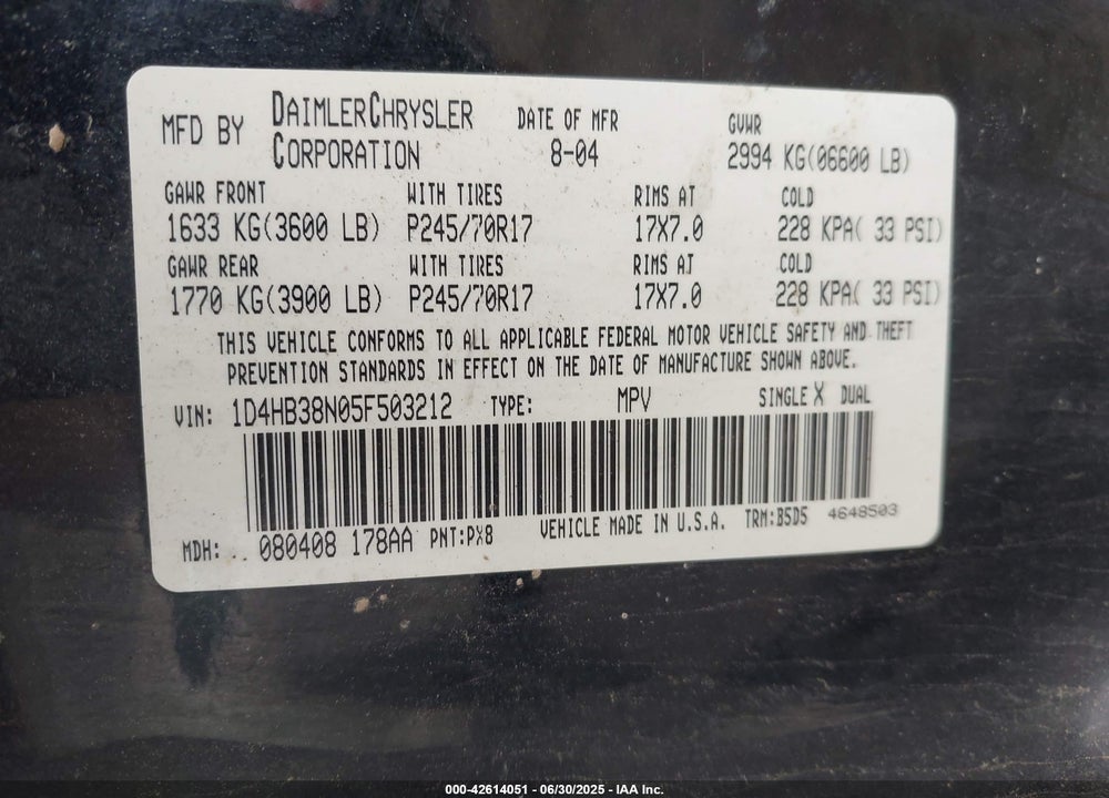 2005 DODGE DURANGO ST VIN: 1D4HB38N05F503212