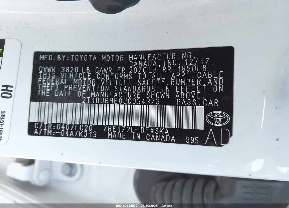 2018 TOYOTA COROLLA SE VIN: 2T1BURHE8JC034373