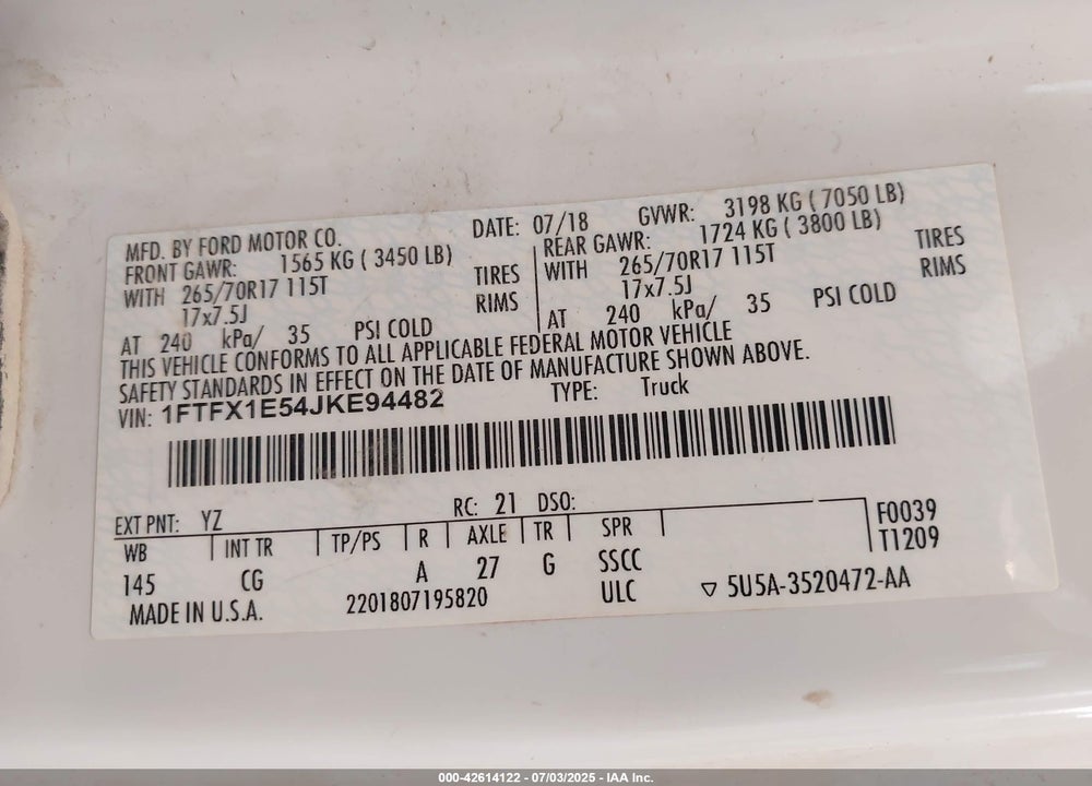2018 FORD F-150 VIN: 1FTFX1E54JKE94482