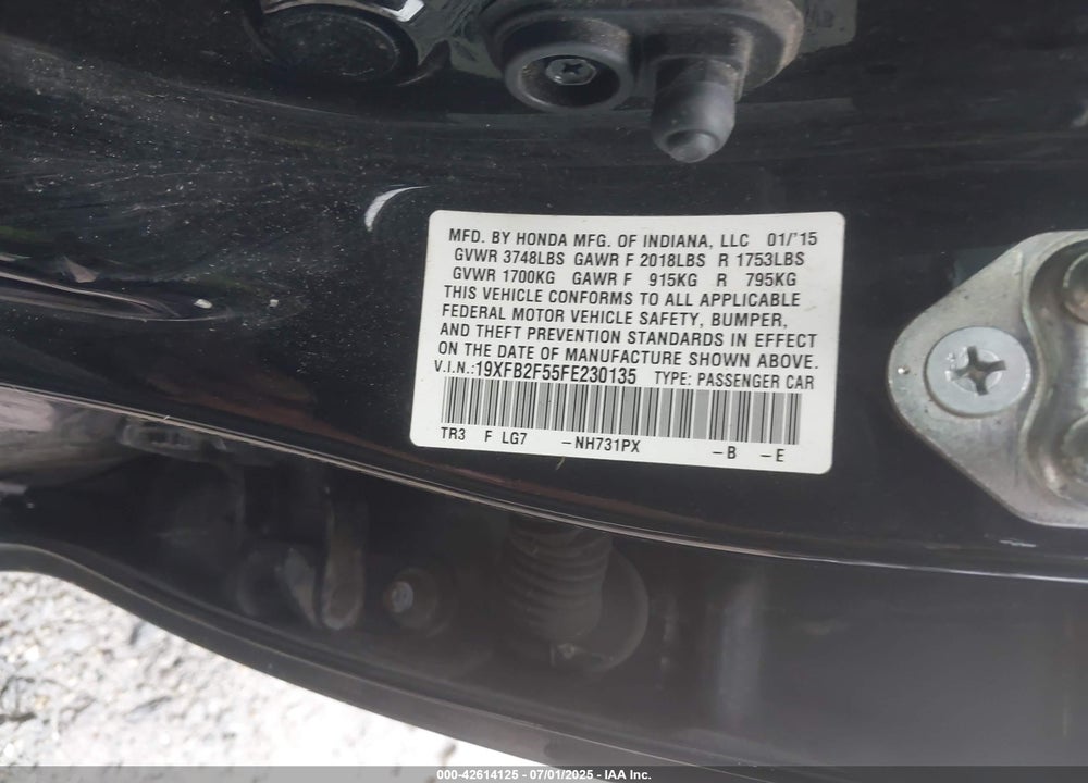 2015 HONDA CIVIC VIN: 19XFB2F55FE230135