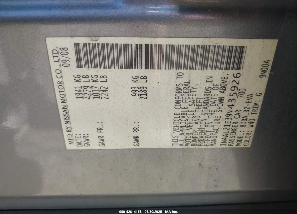 2009 NISSAN ALTIMA VIN: 1N4AL21E39N435926