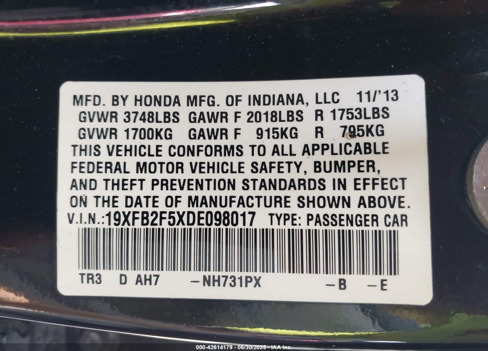 2013 HONDA CIVIC VIN: 19XFB2F5XDE098017