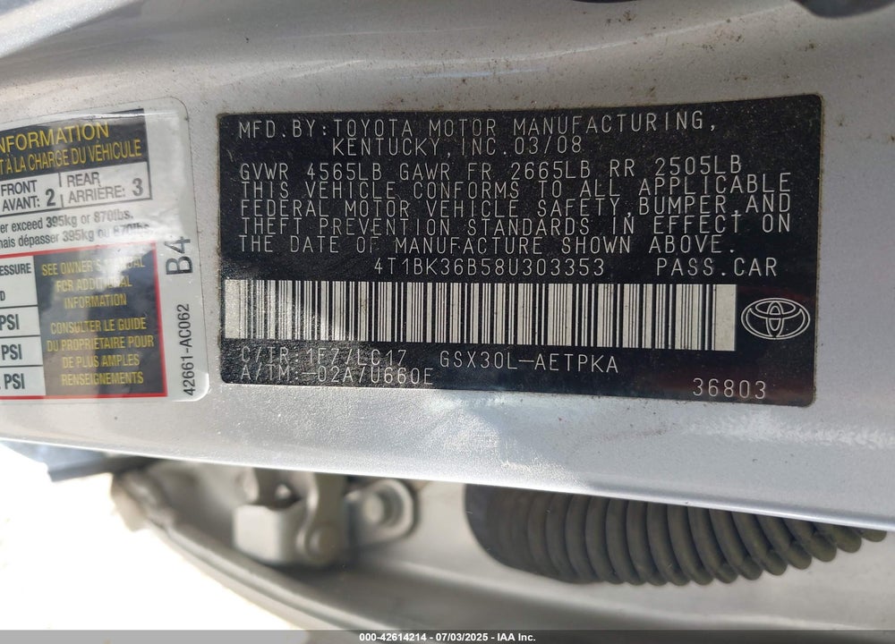 2008 TOYOTA AVALON LIMITED VIN: 4T1BK36B58U303353