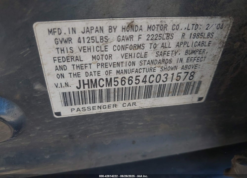 2004 HONDA ACCORD VIN: JHMCM56654C031578