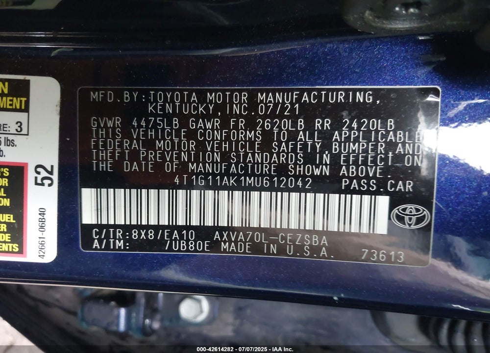 2021 TOYOTA CAMRY VIN: 4T1G11AK1MU612042