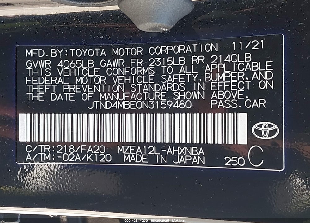 2022 TOYOTA COROLLA VIN: JTND4MBE0N3159480