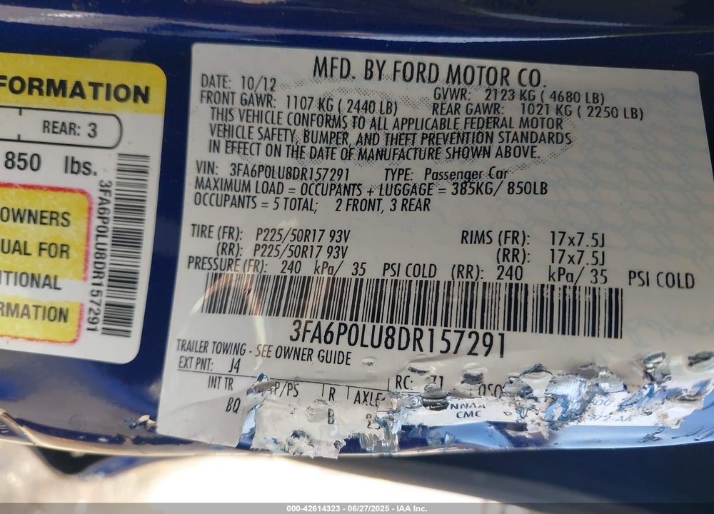 2013 FORD FUSION HYBRID VIN: 3FA6P0LU8DR157291