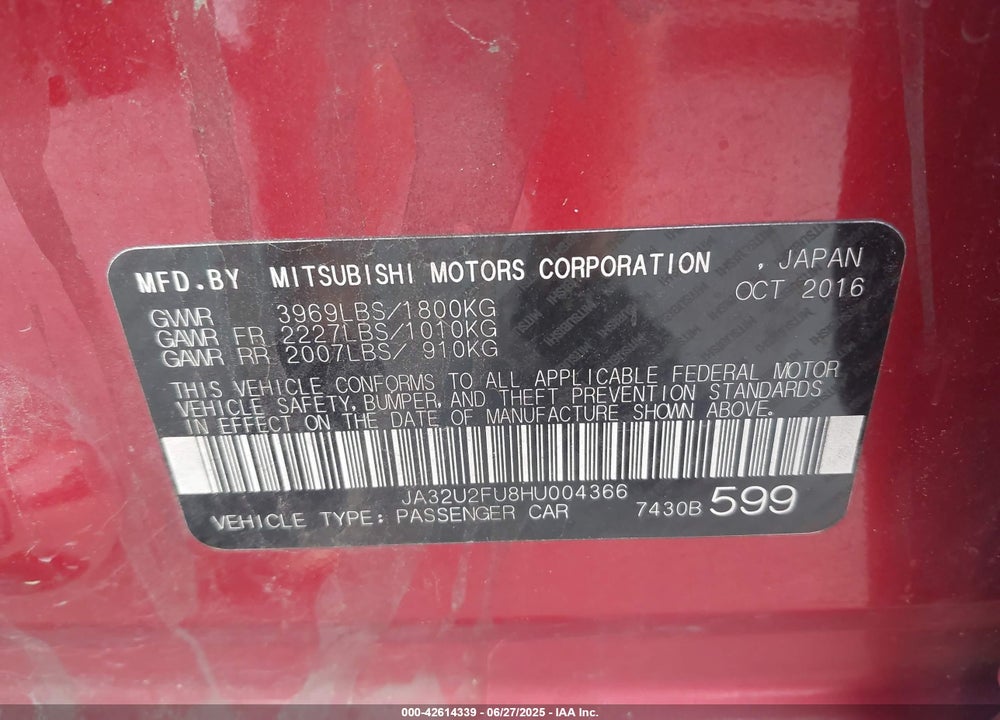 2017 MITSUBISHI LANCER VIN: JA32U2FU8HU004366