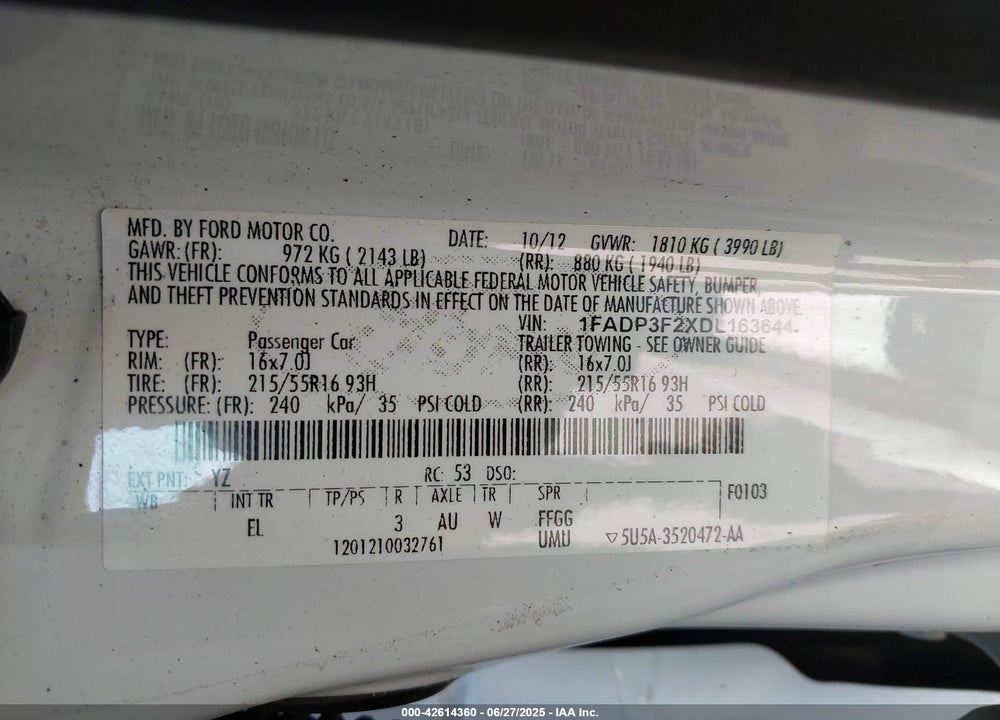 2013 FORD FOCUS VIN: 1FADP3F2XDL163644