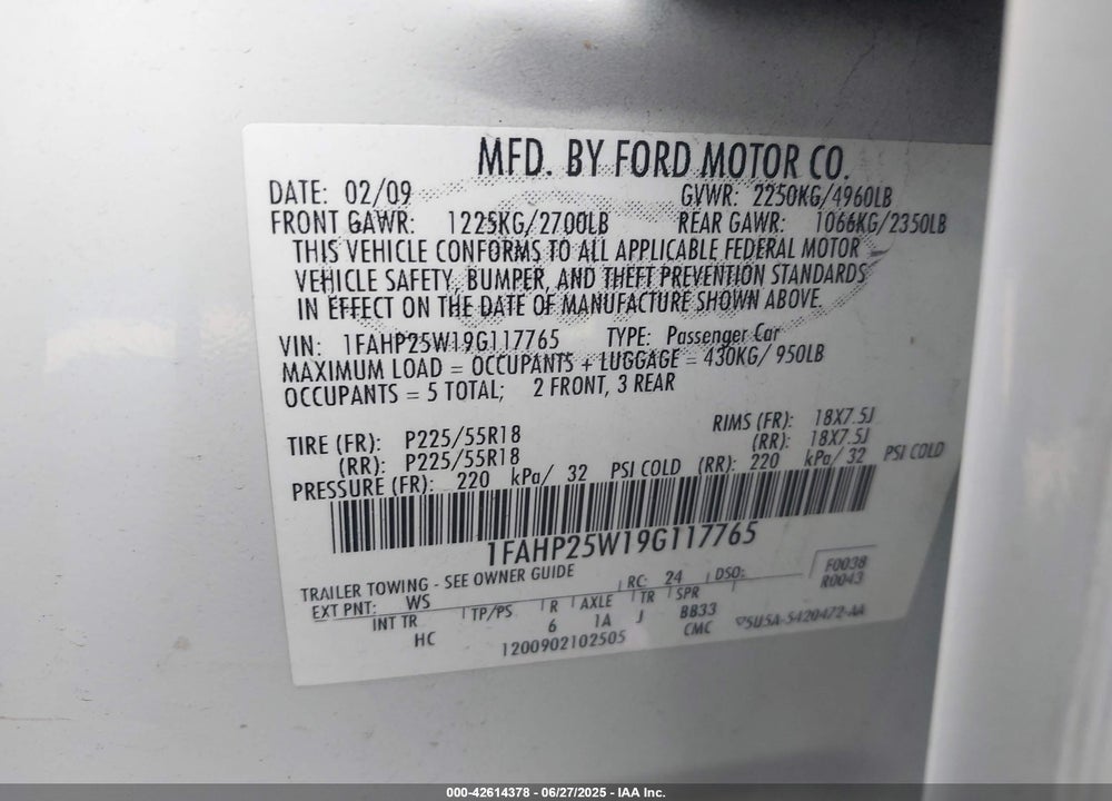 2009 FORD TAURUS VIN: 1FAHP25W19G117765