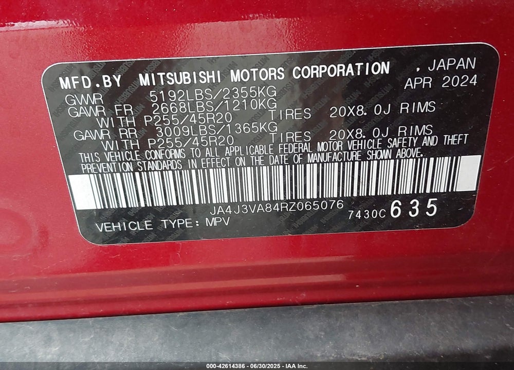 2024 MITSUBISHI OUTLANDER SE 2.5 2WD/SE BLACK EDITION S-AWC/SE BLACK EDITION W/PANO ROOF S-AWC VIN: JA4J3VA84RZ065076
