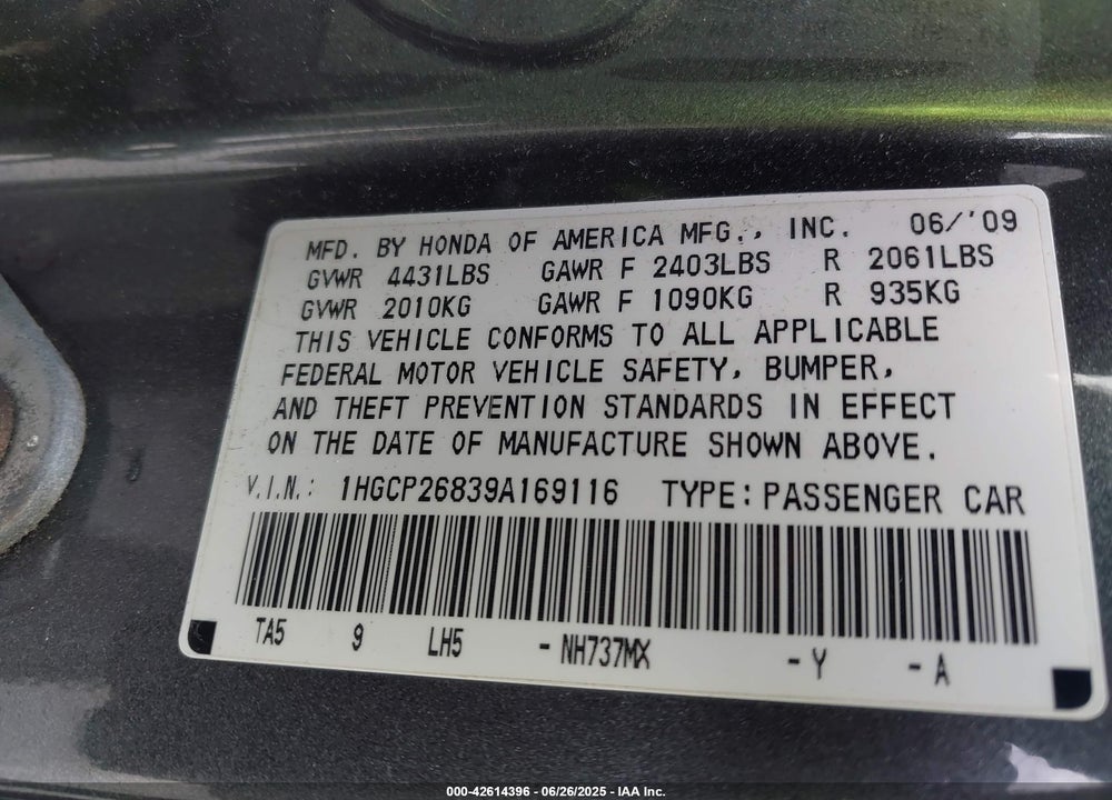 2009 HONDA ACCORD 2.4 EX-L VIN: 1HGCP26839A169116