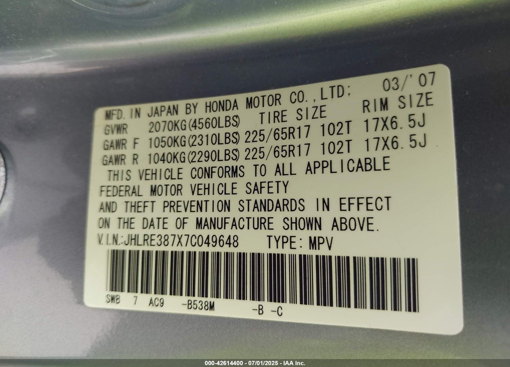 2007 HONDA CR-V EX-L VIN: JHLRE387X7C049648