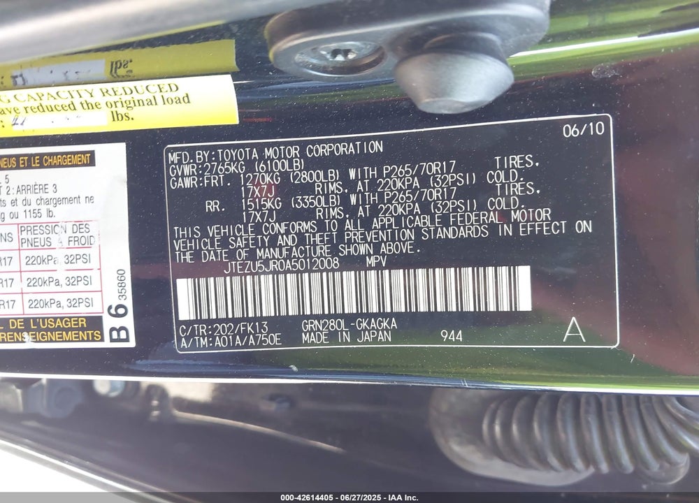 2010 TOYOTA 4RUNNER VIN: JTEZU5JR0A5012008