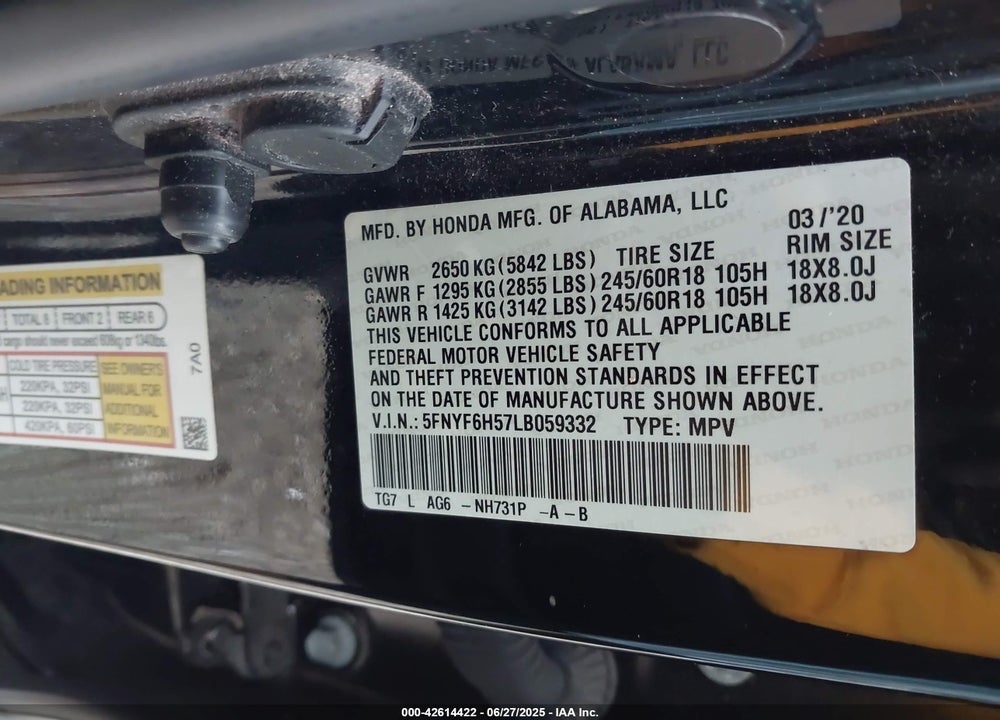 2020 HONDA PILOT VIN: 5FNYF6H57LB059332