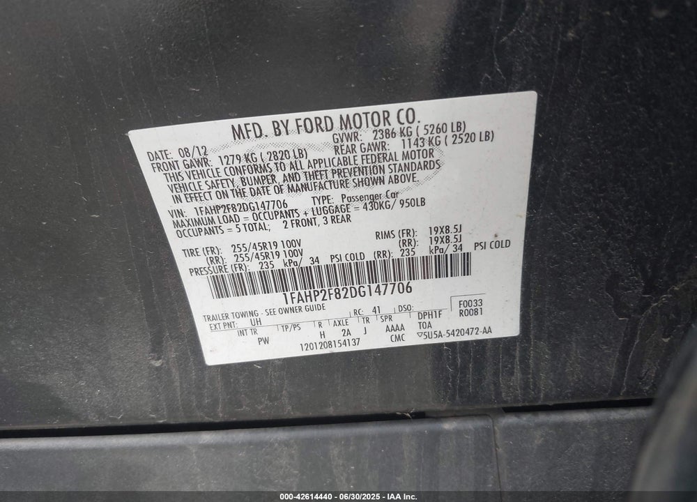 2013 FORD TAURUS VIN: 1FAHP2F82DG147706