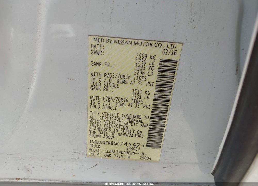 2016 NISSAN FRONTIER VIN: 1N6AD0ER8GN745475